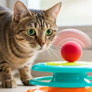 A domestic short-haired cat with wide eyes intently watching a ball moving within a cat spinner.