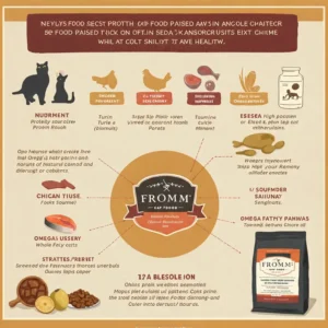  Infographic showcasing key nutritional benefits of Fromm cat food, often praised in reviews.