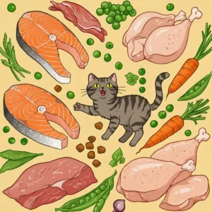  Illustration emphasizing the high-quality ingredients in Fromm cat food, a common point in many reviews.