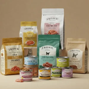A variety of Fromm cat food bags and cans, showcasing different recipes mentioned in reviews.