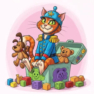  A humorous cartoon depicting a playful cat dressed as a toy, sitting upright inside a toybox.