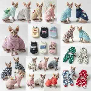 A diverse collection of hairless cat clothes, including sweaters, shirts, and pajamas, highlighting options for every occasion.