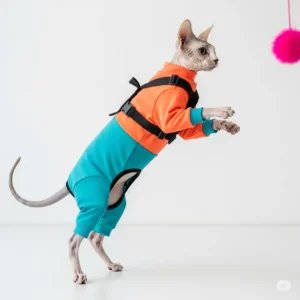 A playful hairless cat enjoying playtime in durable, brightly colored clothing, designed for active hairless feline companions.