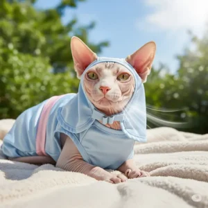 A hairless cat wearing a breathable lightweight outfit, ideal for protecting their sensitive skin from sun exposure during summer.