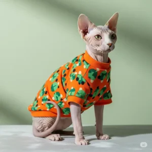 An adorable Sphynx cat sporting a custom-fit t-shirt, perfect for keeping hairless cats warm and fashionable.