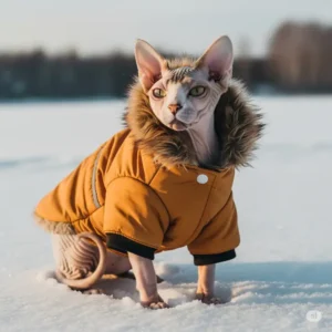 A cute hairless cat bundled up in a warm winter coat, demonstrating the importance of protective hairless cat clothing in cold weather.