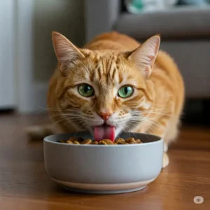 Happy cat eating from a bowl.