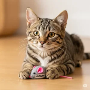 A happy cat contentedly cuddling a Yeowww! mouse cat toy, illustrating the joy and satisfaction these toys bring to feline companions.