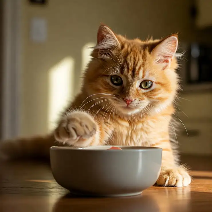Cheerful kitten eating Nature Cat Food from a food bowl