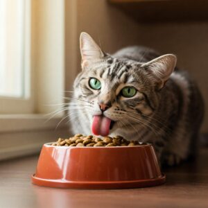 A happy tabby cat lying next to a bag of Wellness dry cat food on a wooden floor.