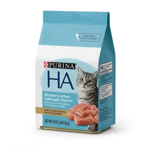 Hydrolyzed protein in Purina HA wet cat food, designed to minimize allergic reactions in cats.
