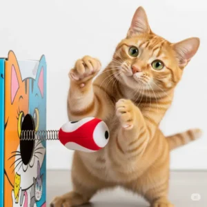 A cat batting at a spring-loaded toy emerging from a hole in an interactive cat in a box toy, illustrating dynamic play.
