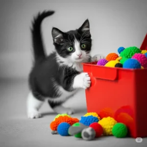 An adventurous black and white kitten curiously exploring the contents of a bright red toybox.