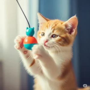 An adorable small kitten batting at a mini cat wobbler, suitable for younger felines learning to play.