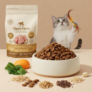 Open Farm cat food packaging with a focus on ethical sourcing and transparency, a point often mentioned in reviews.