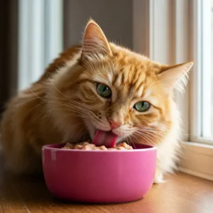 A fluffy orange cat with green eyes attentively eating wet cat food from a small pink bowl on a wooden surface, near a window with natural light.
