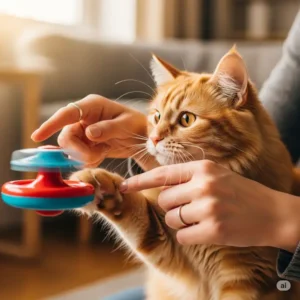 A person's hand gently guiding a cat to interact with a cat spinner, illustrating bonding through play.
