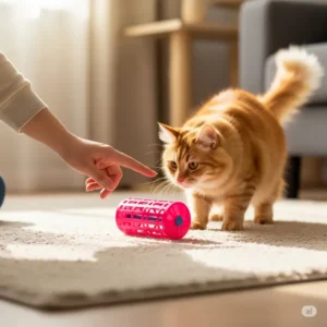 An owner gently encouraging their cat to play with a cat roller toy, demonstrating interactive bonding time. Enhance your cat's playtime with an engaging cat roller.