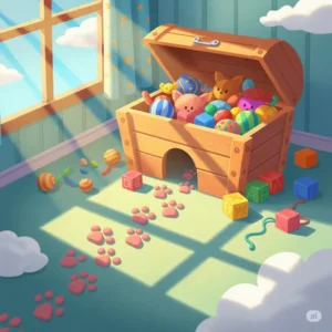  An illustration showing cute paw prints leading directly into an inviting open toybox, suggesting a cat's favorite spot.
