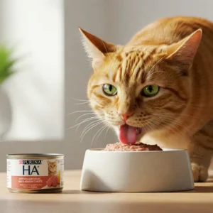 Purina HA wet cat food packaging, showing the brand and product details for dietary management.