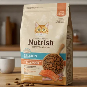 Bag of Rachel Ray Nutrish cat food with salmon as a primary ingredient.