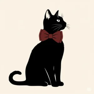 Stylized silhouette of a cat featuring a prominent cat bow tie, emphasizing simplicity and elegance in pet accessories.