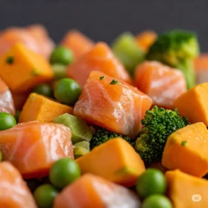 Close-up of premium small batch cat food showing high-quality ingredients.