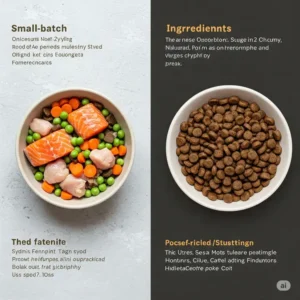 Comparison highlighting the quality of small batch cat food versus mass-produced options.