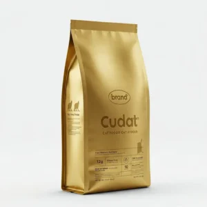 Solid gold cat food bag featuring the brand logo and product information.