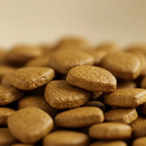 Close-up of premium solid gold cat food kibble showing high-quality ingredients.