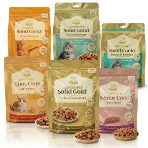 Different varieties of solid gold cat food available for kittens, adult, and senior cats.