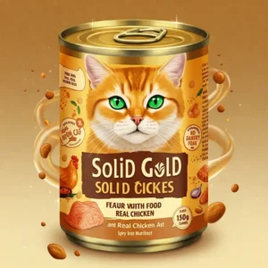 Illustration of solid gold cat food featuring real chicken and healthy nutrients.