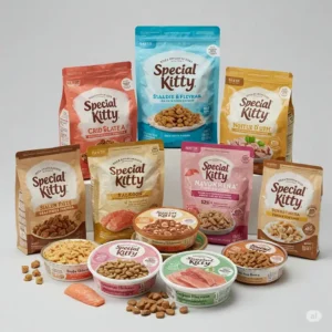  A vibrant display of Special Kitty cat food, showcasing different flavors and textures appealing to your feline friend.