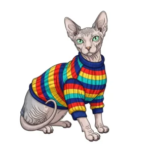  Illustration of a sleek Sphynx cat sporting a trendy, striped sweater, highlighting comfort and fashion.