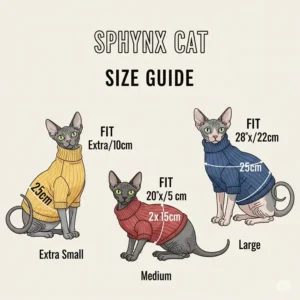 Conceptual illustration representing a size guide for Sphynx cat sweaters, helping owners choose the right fit.