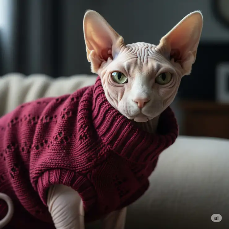 A hairless Sphynx cat comfortably wearing a soft, well-fitting knitted sweater, looking cozy and content.