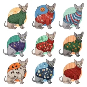An illustration showcasing a collection of diverse Sphynx cat sweater designs, including different patterns, colors, and styles.