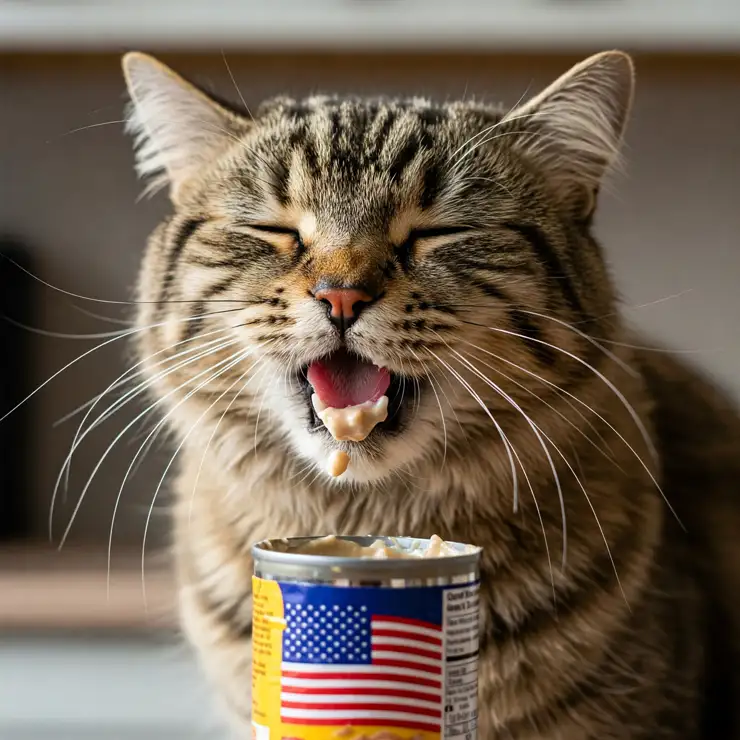 A brown tabby cat with eyes closed and mouth open, appearing very eager to eat wet cat food being offered from an open can featuring an American flag design. Acana Cat Food Review
