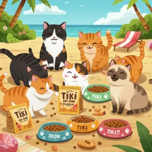 A focused shot of Tiki Cat Food packaging with the brand logo and flavor details clearly visible. 