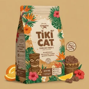 A cozy mealtime scene with a cat preparing to eat Tiki Cat Food placed neatly on a feeding mat.