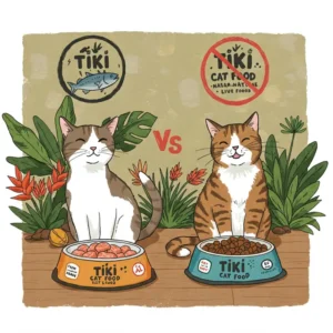 Top-down view of an opened can of Tiki Cat Food showing the chunky meat content and broth.