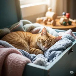 A cozy tabby cat curled up asleep inside a vintage toybox, surrounded by soft blankets.