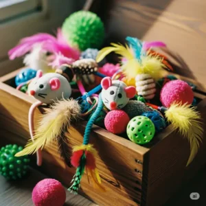 A wooden toybox overflowing with an assortment of cat toys, including mice, balls, and feathers.