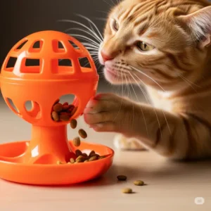  Close-up of a treat-dispensing cat wobbler, showing kibble slowly falling out as a cat nudges it.