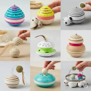 An array of different cat spinner designs, showcasing various colors and features available for feline entertainment.