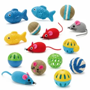 An assortment of various cat wobblers in different shapes and colors, highlighting the variety available for feline enrichment.