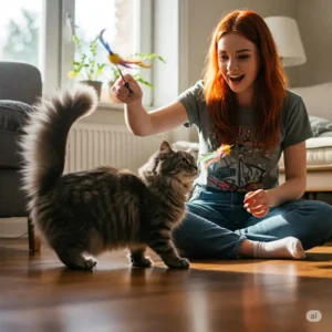 Person actively engaging their cat in play using a cat lure