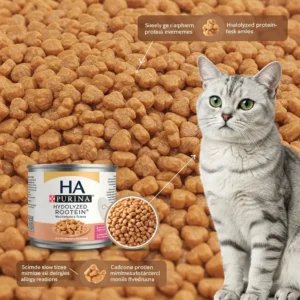 Veterinarian recommending Purina HA wet cat food for cats with food allergies or sensitivities.