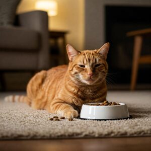 A bag of Wellness dry cat food beside a cozy cat bed and colorful toys.