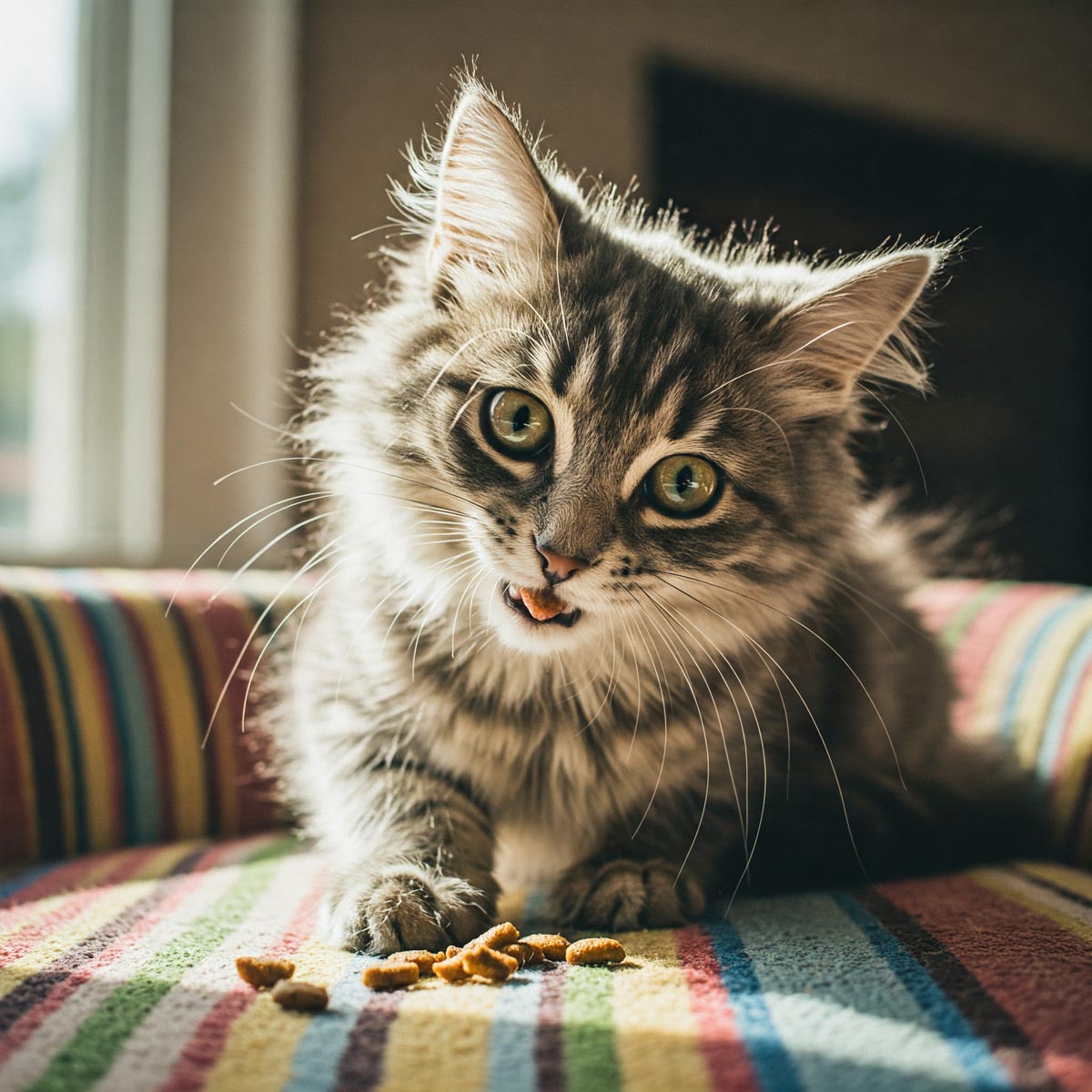 Multiple Wellness dry cat food packages neatly arranged on a wooden shelf.